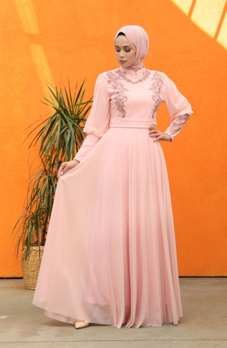 Pileli Simli Abiye Elbise 5073-01 Toz Pembe