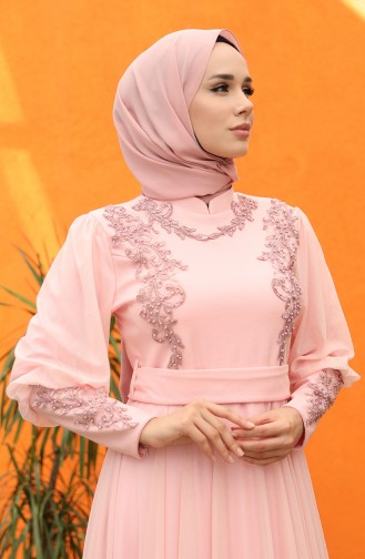 Pileli Simli Abiye Elbise 5073-01 Toz Pembe