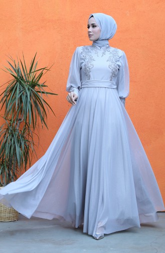 Pleated Silvery Evening Dress 5073-04 Gray 5073-04
