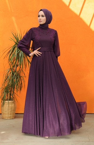 Pleated Silvery Evening Dress 5073-05 Purple 5073-05