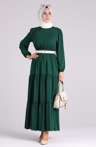 Elastic Sleeve Straight Dress 3003a-02 Emerald Green 3003A-02