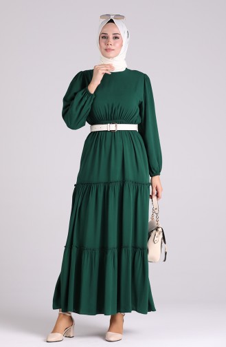 Elastic Sleeve Straight Dress 3003a-02 Emerald Green 3003A-02