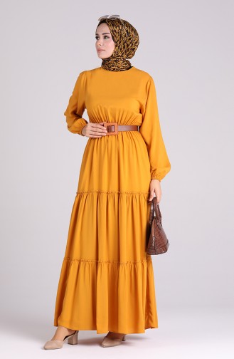 Elastic Sleeve Straight Dress 3003A-03 Mustard 3003A-03