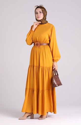 Elastic Sleeve Straight Dress 3003A-03 Mustard 3003A-03