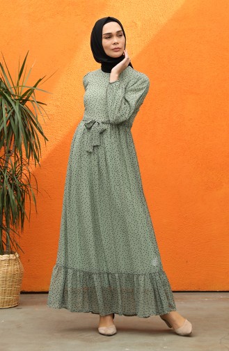 Puantiyeli Şifon Elbise 6088-01 Çağla Yeşili