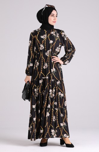 Floral-patterned Viscose Dress 3003-10 Black Khaki 3003-10