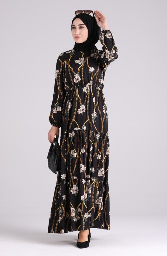 Floral-patterned Viscose Dress 3003-10 Black Khaki 3003-10