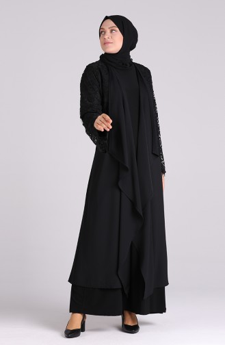 Büyük Beden Güpürlü Elbise Abaya İkili Takım 2023143-02 Siyah