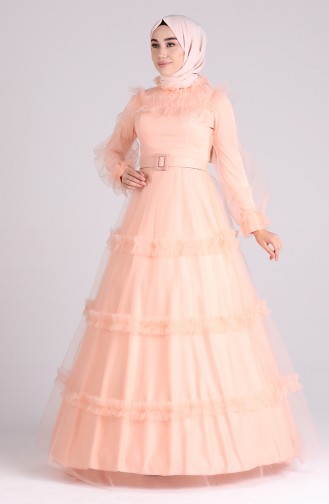 Belted Tulle Evening Dress 4818-02 Salmon 4818-02