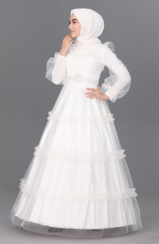 Belted Tulle Evening Dress 4818-05 White 4818-05