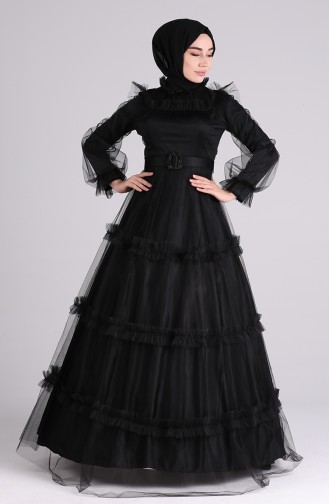 Belted Tulle Evening Dress 4818-07 Black 4818-07