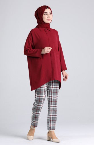 Ekose Desenli Düz Paça Pantolon 5003-01 Beyaz Kırmızı