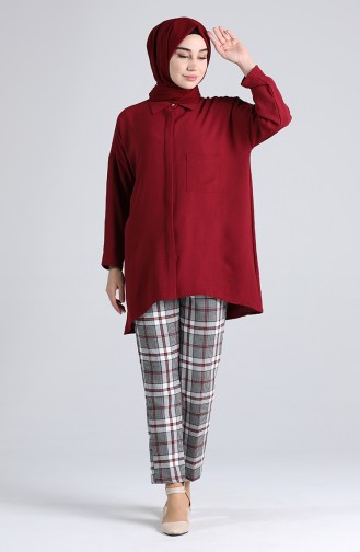 Ekose Desenli Düz Paça Pantolon 5003-01 Beyaz Kırmızı