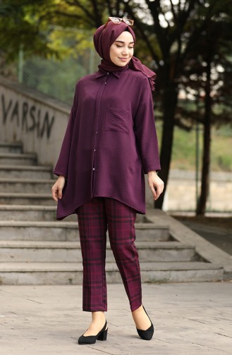 Checkered Straight Leg Pants 5003-05 Damson Black 5003-05