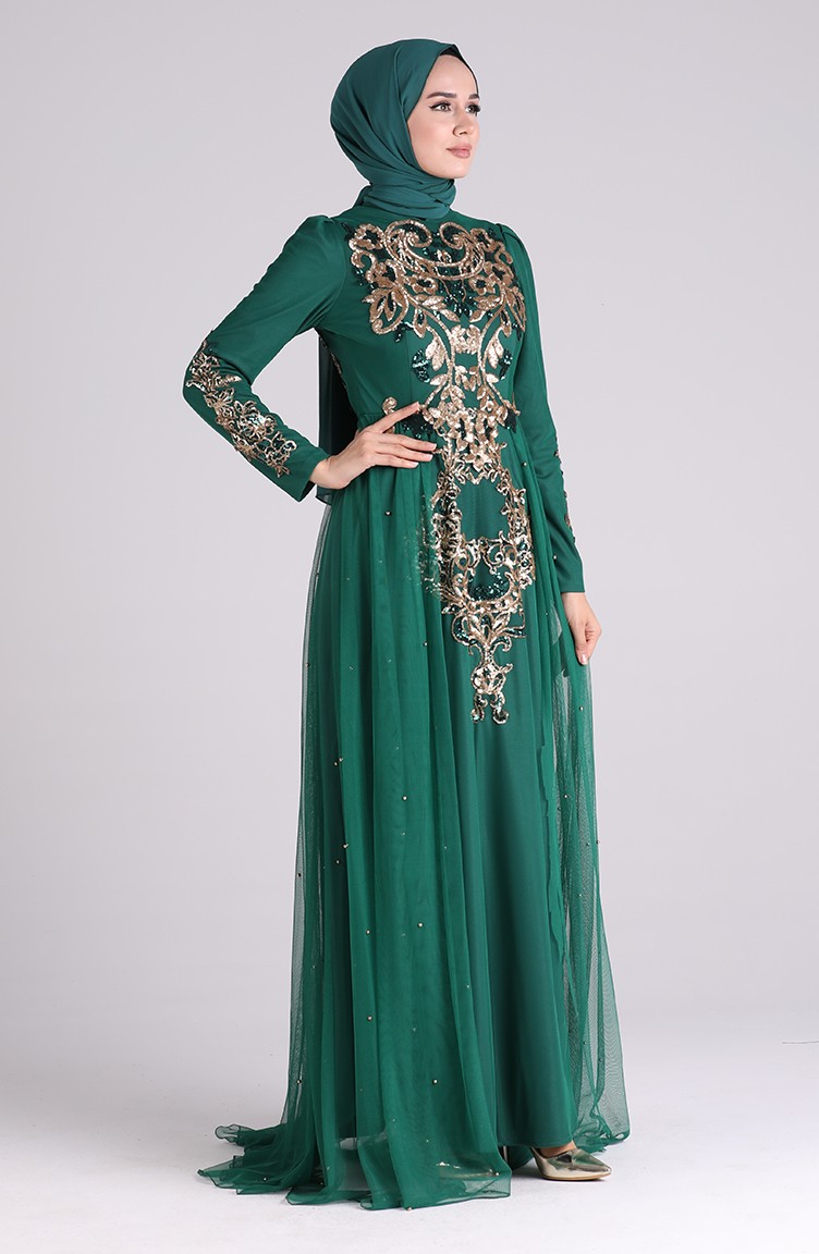 sachin and babi light blue dress Emerald Green Hijab Evening Dress 7605-01