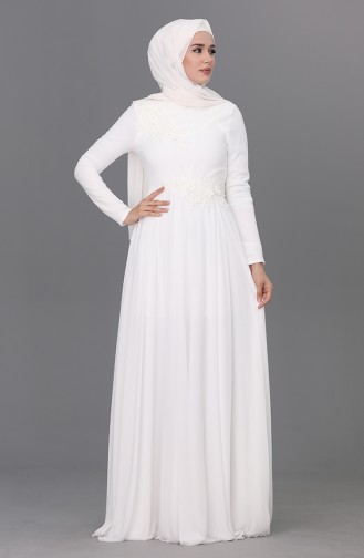 Ecru Hijab Evening Dress 0083-04