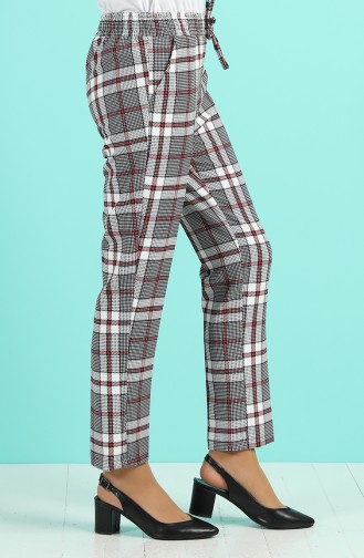 Ekose Desenli Düz Paça Pantolon 5003-01 Beyaz Kırmızı