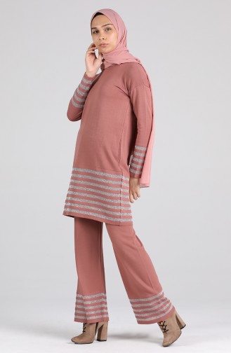 Triko Tunik Pantolon İkili Takım 0383-03 Gül Kurusu