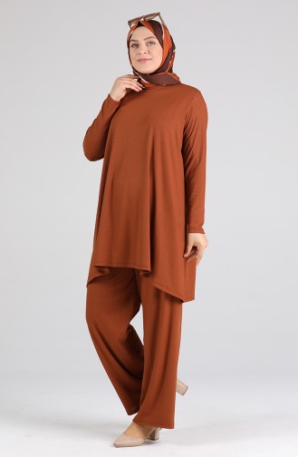 Asimetrik Tunik Pantolon İkili Takım 4618-01 Taba