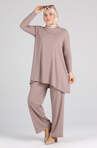 Asimetrik Tunik Pantolon İkili Takım 4618-02 Vizon