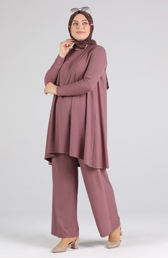 Asimetrik Tunik Pantolon İkili Takım 4618-05 Gül Kurusu