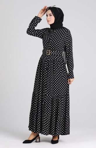 Polka Dot Patterned Belt Dress 4553-02 Black Ecru 4553-02