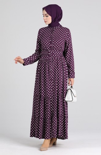 Polka Dot Patterned Belt Dress 4553-05 Purple 4553-05