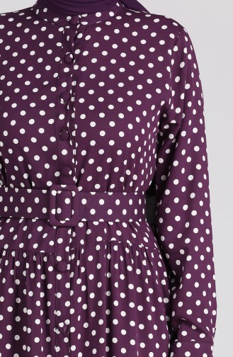 Polka Dot Patterned Belt Dress 4553-05 Purple 4553-05