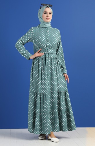 Polka Dot Patterned Belt Dress 4553-06 Sea Green 4553-06
