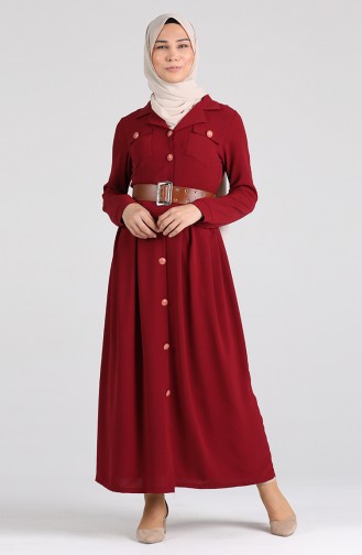 Belted Buttoned Dress 5135-02 Burgundy 5135-02