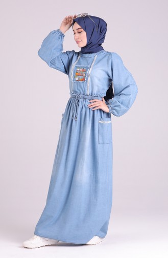 Jeansblau Hijab Kleider 8004-02