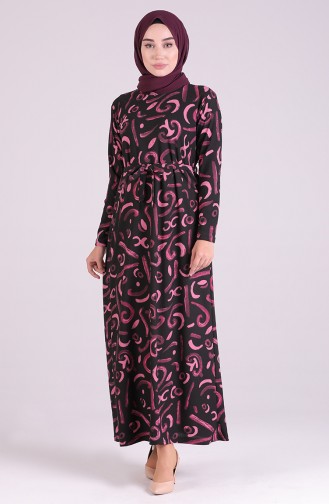 Patterned Belted Dress 1004-01 Black Rose-dried 1004-01