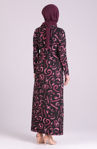 Desenli Kuşaklı Elbise 1004-01 Siyah Gül Kurusu