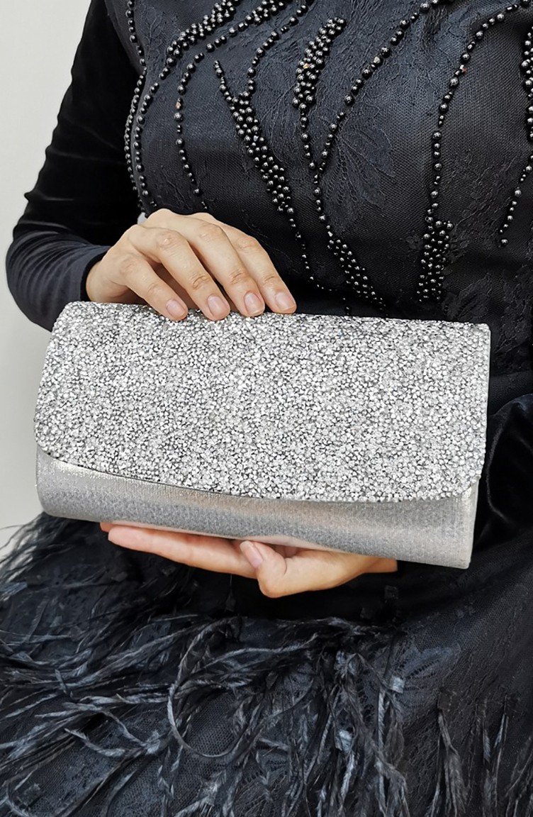Bayan Clutch Portfoy Tasli Canta 487113 208 Gumus Gri Sefamerve