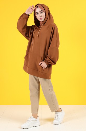 Kapüşonlu Sweatshirt 2344-06 Kahverengi