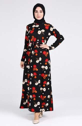 Patterned Belted Dress 1011-01 Black 1011-01