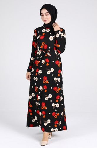Patterned Belted Dress 1011-01 Black 1011-01
