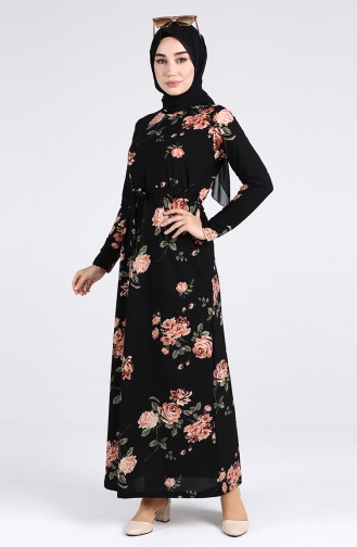 Patterned Belted Dress 1013-01 Black 1013-01