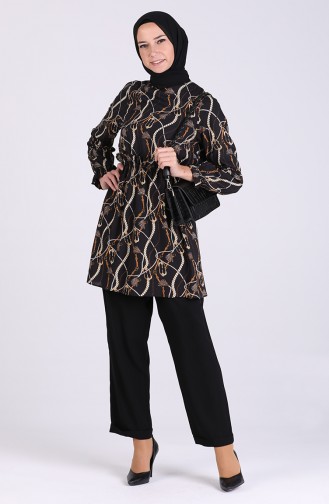 Patterned Tunic Trousers Double Suit 4002-02 Black Hardal 4002-02