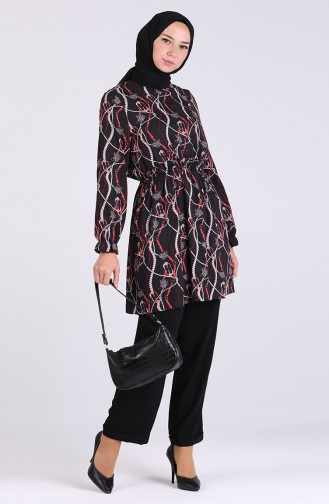 Patterned Tunic Trousers Double Suit 4002-03 Black Red 4002-03