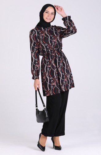 Patterned Tunic Trousers Double Suit 4002-03 Black Red 4002-03