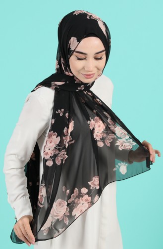 Gül Desenli Şifon Şal 4781-01 Pudra Siyah