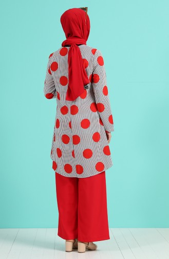Desenli Tunik Pantolon İkili Takım 1008-02 Kırmızı
