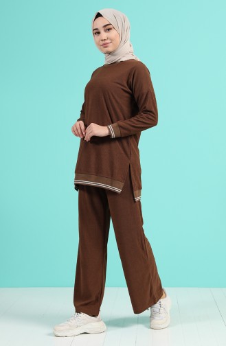 Ribanalı Tunik Pantolon İkili Takım 9029-01 Kahverengi