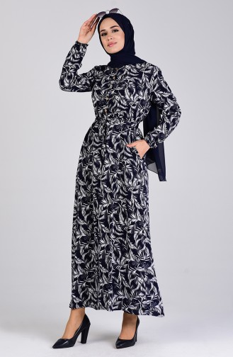 Düğmeli Desenli Elbise 6002-01 Lacivert