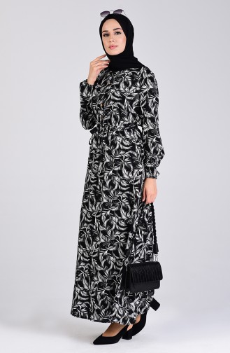 Buttoned Patterned Dress 6002-02 Black 6002-02