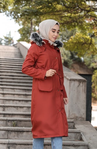 Hooded Fur Coat 6090-04 Dark Rose Dry 6090-04
