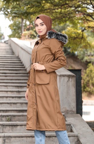 Hooded Fur Coat 6090-06 Dark Beige 6090-06