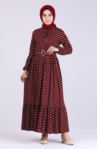 Kolu Lastikli Puantiyeli Elbise 4554-02 Bordo