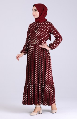Kolu Lastikli Puantiyeli Elbise 4554-02 Bordo